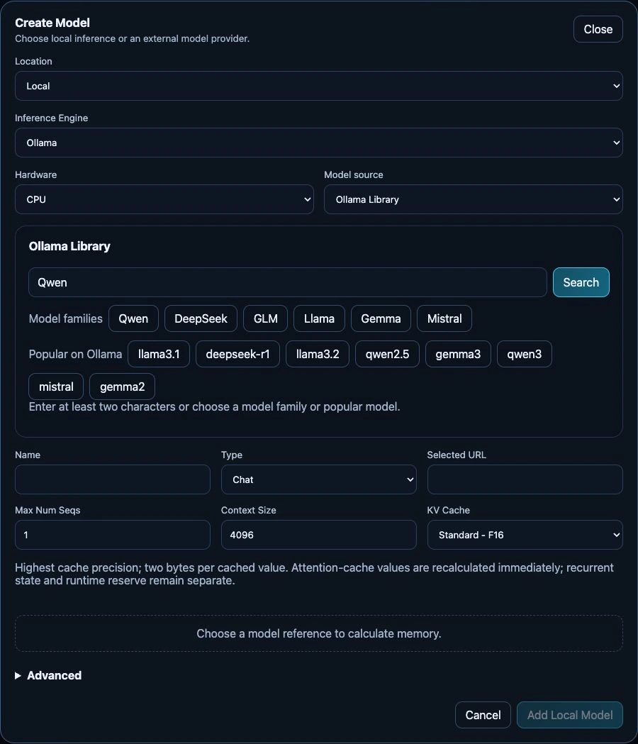 Create Model dialog with Local location, Ollama engine, CPU hardware, model search and configuration fields.