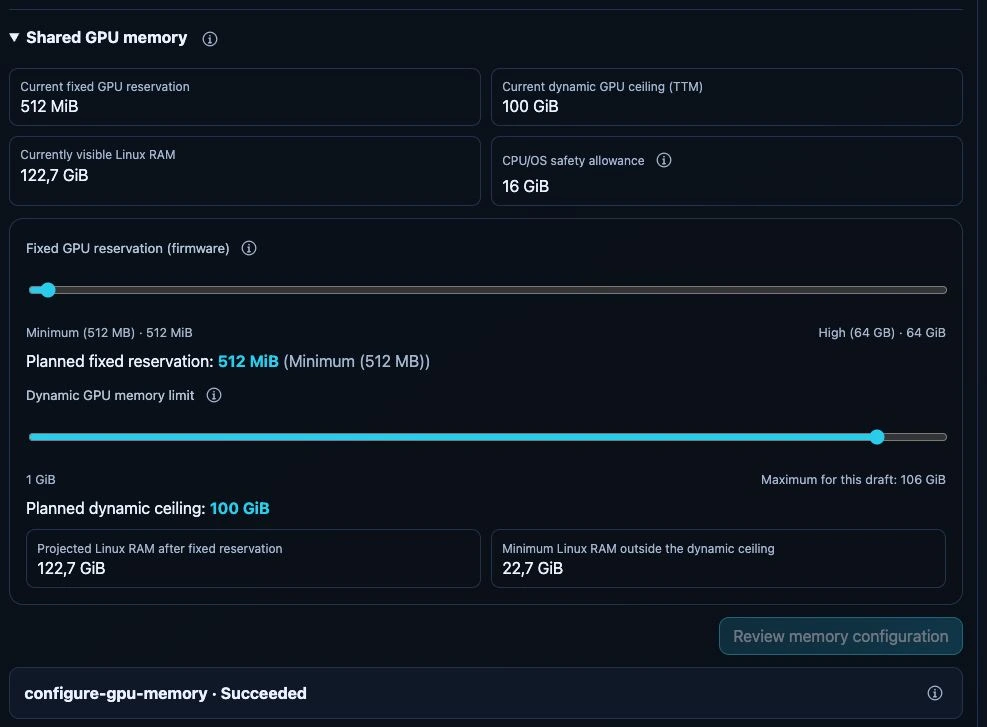 Expanded Shared GPU memory panel with firmware-reservation and dynamic-memory sliders, safety allowance and projected RAM.
