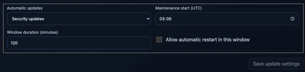 Ubuntu update settings with Security updates selected, a 03:00 UTC start, a 120-minute window and automatic restart unchecked.